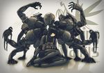  bangs black_eyes black_hair blunt_bangs bodysuit boots gloves latex metal_gear_(series) metal_gear_solid_4 multiple_arms pouch power_suit puppet robce_lee screaming_mantis short_hair sitting skin_tight solo vest 