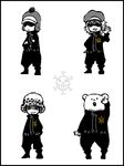  4boys bear bepo cabbie_hat chibi coveralls earflap_hat full_body fuzzy_hat hat hat_pompom heart_pirates jolly_roger jumpsuit male male_focus monochrome multiple_boys one_piece penguin_(one_piece) pirate shachi_(one_piece) standing sunglasses trafalgar_law 