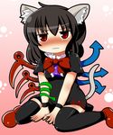  animal_ears asymmetrical_wings bad_id bad_pixiv_id black_dress black_hair black_legwear blush bow bracelet cat_ears cat_tail dress highres houjuu_nue jewelry jitome kemonomimi_mode looking_at_viewer motsu_(selshia12) puffy_sleeves red_eyes red_footwear shoes short_sleeves sitting snake solo tail tears thighhighs touhou v_arms wariza wavy_mouth wings zettai_ryouiki 