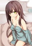  bad_id bad_pixiv_id bare_shoulders big_wednesday breasts brown_hair cleavage green_eyes long_hair medium_breasts messy_hair original solo waking_up 