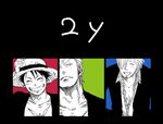  13g4 3boys blue color_background earrings green hair_over_one_eye hand_on_hat hand_on_headwear hat jewelry male male_focus monkey_d_luffy multiple_boys one-eyed one_piece open_clothes open_shirt red roronoa_zoro sanji scar shirt smile straw_hat trio 