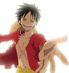  1boy hat hat_removed headwear_removed male male_focus monkey_d_luffy one_piece open_clothes open_shirt red_shirt scar shirt smile solo straw_hat 