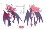  2girls arm_warmers black_legwear boots concept_art demon_girl demon_horns demon_tail disgaea dual_persona full_body harada_takehito height_chart horns long_hair multiple_girls multiple_views necktie official_art pink_eyes pink_hair pointy_ears revealing_clothes smile succubus_(disgaea) tail thigh_boots thighhighs turnaround white_background wings 