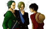  3boys black_hair blonde_hair cigarette closed_eye green_hair hair_over_one_eye hat male male_focus monkey_d_luffy multiple_boys one_eye_closed one_piece open_clothes open_shirt pixiv_manga_sample red_shirt roronoa_zoro sanji shirt smoking straw_hat sword trio unoko_(wheredoigo) weapon 