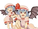  age_difference bad_id bad_pixiv_id bat_wings blue_hair bow child closed_eyes dress dual_persona fangs hat hat_ribbon looking_at_viewer multiple_girls open_mouth red_eyes remilia_scarlet ribbon sleeve_tug sutenuko time_paradox touhou wings younger 