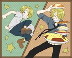  1boy age_progression apron black_pants blonde_hair chef child cigarette dual_persona food hair_over_one_eye male male_focus necktie one_piece pants pixiv_thumbnail resized sanji smile smoking solo young younger 