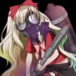  blonde_hair bow flamethrower gas_mask gas_tank hair_bow itto_na_kataomoi_minoraseta_chiisa_na_shiawase_(vocaloid) long_hair lowres mayu_(vocaloid) school_uniform serafuku solo vocaloid weapon wogura 