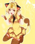  animal_ears antenna_hair blonde_hair boots brown_eyes fang fingerless_gloves gen_1_pokemon gloves highres long_hair meowth open_mouth personification pokemon pokemon_(anime) skirt solo tail takeshima_(nia) thigh_boots thighhighs yellow_background 