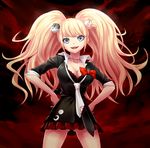  blonde_hair blue_eyes bow breasts cleavage cowboy_shot danganronpa danganronpa_1 enoshima_junko hands_on_hips large_breasts long_hair loose_necktie miniskirt monokuma monomi_(danganronpa) necktie no_symbol open_mouth skirt sleeves_rolled_up smile solo spoilers tonoimo twintails 