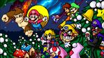  4girls 6+boys alcohol aurora birdo blonde_hair blue_eyes boots bow building buildings candy candy_cane cap cape_mario castle christmas crown diddy_kong donkey_kong donkey_kong_(series) donkey_kong_country dress earrings eyes facial_hair flying gate gift glass grin hat house jewelry legwear luigi mario mario_(series) multiple_boys multiple_girls mustache necktie night nintendo outdoors outside present princess princess_daisy princess_peach red_hair riding sky smile star starman_(mario) super_mario_bros. super_mario_land super_mario_world super_star suspenders teeth thighhighs tie toad toad_(mario) toadette waluigi wario wine wings yoshi 
