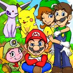  2boys 2girls arms_around_neck arms_around_waist blue_eyes blush boots brown_eyes brown_hair cap cape cape_mario clothes cloud couple crossover dress espeon eyes_closed facial_hair fangs gem gloves goomba goombella happy hat heart helmet looking_at_viewer lowres luigi mario mario_(series) multiple_boys multiple_girls mustache nintendo no_hat no_headwear outdoors outside paper_mario paper_mario_rpg pikachu pokemon ponytail princess princess_daisy purple_eyes red_hair smile smirk super_mario_bros. super_mario_land suspenders wink 