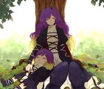  against_tree age_difference bad_id bad_pixiv_id child closed_eyes dress drooling dual_persona grass hijiri_byakuren leaf leaf_on_head long_hair multicolored_hair multiple_girls open_mouth short_hair sleeping sutenuko time_paradox touhou tree 