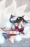  ahri animal_ears bare_shoulders black_hair blue_hair braid breasts brown_eyes cleavage detached_sleeves energy_ball facial_mark fox_ears fox_tail hair_ribbon large_breasts league_of_legends leaning long_hair looking_at_viewer mins_(minevi) multicolored_hair multiple_tails ribbon smile solo tail two-tone_hair whisker_markings 