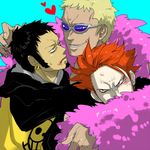  black_hair blonde_hair donquixote_doflamingo earrings eustass_captain_kid feathers glaring hood hoodie injury jewelry jolly_roger lowres male male_focus multiple_boys one_piece raglan_sleeves rape red_hair shichibukai sunglasses supernova threesome trafalgar_law trio yaoi 