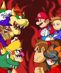  6+boys angry ashley ashley_(warioware) black_hair blue_eyes bowser brown_hair cap cape collar crocodile crocodilian crossover crown donkey_kong donkey_kong_(series) donkey_kong_country eye_contact facial_hair fangs fighting_stance fire gem gloves grin hat horns king_k._rool koopa looking_at_another mario multiple_boys mustache nakagawa_rui necktie nintendo parody pose red_background red_eyes red_hair rivalry sharp_teeth shell smile smirk spiked_collar spikes stanley super_mario_bros. suspenders vs waluigi wario warioware 