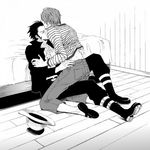  2boys bed boots dracule_mihawk floor hat hat_removed headwear_removed indoors jewelry kiss male male_focus monochrome multiple_boys necklace one_piece sandals shanks shirt straw_hat striped striped_shirt yaoi young younger 