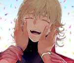  723_(tobi) ^_^ bad_id bad_pixiv_id barnaby_brooks_jr birthday bracelet brown_eyes closed_eyes confetti hands_on_another's_face jewelry kaburagi_t_kotetsu laughing tiger_&amp;_bunny 