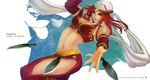  breasts dagger highres katarina_du_couteau lace large_breasts league_of_legends midriff monzuki navel panties red_eyes red_hair sandstorm_katarina scar solo thighs underwear watermark weapon 