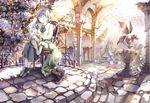  ascot boots chair closed_eyes column crying dress flower grey_hair highres iri_(cagaster) light_rays long_hair mother_and_daughter multiple_girls mushikago_no_cagaster original pillar rose ruins short_hair statue sunbeam sunlight tania_(cagaster) time_paradox torinikusoul 