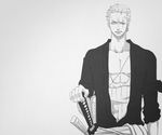  1boy earrings haramaki jewelry katana male male_focus monochrome one-eyed one_eyed one_piece open_clothes robe roronoa_zoro sash scar sheathed_sword solo stitching sword weapon 