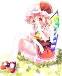  ascot blonde_hair blush flandre_scarlet hand_to_own_mouth hat hat_ribbon highres looking_at_viewer mary_janes red_eyes ribbon shoes side_ponytail sitting solo thighhighs touhou white_legwear wings zefa_(neoaltemice) 