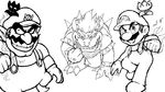  bowser bracelet claws clenched_hand dual_persona facial_hair fire fire_flower fist flower gloves grin hair jewelry koopa mario mario_(series) monochrome mustache nintendo power-up sharp_teeth shell smile spiked_bracelet spikes super_mario_bros. super_mario_land_2 suspenders teeth wario 