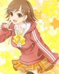  :d brown_eyes brown_hair dress_shirt honda_mio hood hooded_track_jacket idolmaster idolmaster_cinderella_girls jacket open_mouth plaid plaid_skirt pleated_skirt shirt skirt smile solo tayu_(yuntayu) thighhighs track_jacket 