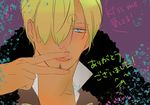  1boy blonde_hair blue_eyes english hair_over_one_eye male male_focus one_piece one_piece_film_z sanji solo text tongue 
