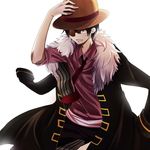  1boy black_hair formal hand_on_hat hand_on_headwear hat jacket_on_shoulders male male_focus monkey_d_luffy one_piece one_piece:_strong_world solo straw_hat 