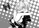  1boy 1girl couple formal hug jewelry juliaczzz kiss monochrome nami nami_(one_piece) necklace one_piece sanji suit thriller_bark 