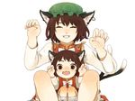  age_difference animal_ears bad_id bad_pixiv_id brown_eyes brown_hair cat_ears cat_tail chen dual_persona earrings fangs jewelry multiple_girls multiple_tails nekomata open_mouth short_hair sutenuko tail time_paradox touhou younger 