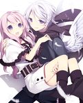  1girl :o belt blush boots capelet carrying feathers hijiri_(resetter) long_hair original pink_hair princess_carry purple_eyes scarf short_hair silver_hair white_wings wings 