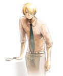  1boy ashtray blonde_hair cigarette hair_over_one_eye hakuto_(hkt1132) looking_at_viewer male male_focus necktie one_piece pixiv_thumbnail resized sanji smoking solo 