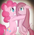  &lt;3 blue_eyes crying csc-x cutie_mark dual_persona duo english_text equine eye_contact female feral friendship_is_magic fur hair horse mammal my_little_pony pink_fur pink_hair pinkamena_(mlp) pinkie_pie_(mlp) pony sad smile square_crossover text 