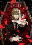  barnaby_brooks_jr blonde_hair coffin eyewear_removed flower foreshortening glasses green_eyes holding holding_eyewear male_focus mochinu necktie outstretched_hand petals red_flower red_rose rose solo tiger_&amp;_bunny 