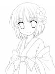  flower greyscale hair_flower hair_ornament hieda_no_akyuu highres japanese_clothes lineart monochrome short_hair smile solo tensousui touhou 