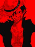  1boy character_name haiji-0131 hand_on_hat hand_on_headwear hat hat_over_one_eye male male_focus monkey_d_luffy one_piece open_clothes open_shirt red scar shirt smile solo straw_hat 