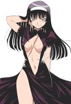  bags_under_eyes black_hair breasts center_opening colorized cynthia_the_mission dress empty_eyes formal hair_flip hairband hand_in_hair highres kuga_araya long_hair medium_breasts navel no_bra open_clothes open_dress scar side_slit smile solo takatou_rui 