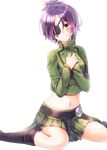  bad_id bad_pixiv_id belt blush chrome_dokuro eyepatch hands_on_own_chest highres katekyo_hitman_reborn! midriff navel purple_eyes purple_hair sakuragi_ren short_hair sitting skirt smile solo wariza white_background 