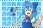  blue_eyes blue_hair cirno dress english fang highres ribbon senhaku touhou wings 