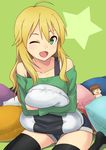  ;d amami_haruka bare_shoulders black_legwear blonde_hair character_doll collarbone green_background green_eyes hashi holding hoshii_miki idolmaster idolmaster_(classic) long_hair looking_at_viewer nonowa one_eye_closed open_mouth pillow sitting smile solo star thighhighs 