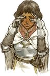  breastplate brown_hair cape dark_skin dragon's_dogma mercedes_marten p-p short_hair sketch solo tears 