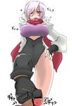  asymmetrical_clothes asymmetrical_legwear blush breasts footjob from_below hand_on_hip hattori_hanzo_uruka heavy_breathing hiya_(dkr) large_breasts ninja penis red_eyes scarf short_hair silver_hair solo_focus stepped_on yatagarasu_(game) 