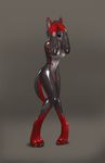 4_toes big_breasts breasts canine claws digitigrade female hindpaw latex latex_(artist) mammal nude paws plain_background rubber shiny solo standing toes transformation transgender wolf 