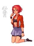  bike_shorts flat_chest hair_ornament hairclip hina_(yatagarasu) jacket kneeling midriff open_clothes open_jacket pleated_skirt red_eyes red_hair short_hair shorts shorts_under_skirt skirt sleeves_rolled_up solo sweatband track_jacket xiz yatagarasu_(game) 