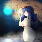  alternate_hair_length alternate_hairstyle autumn autumn_leaves bad_id bad_pixiv_id blowing blue_hair blush breasts curvy full_moon ginji74 groin large_breasts leaf long_hair moon moonlight navel nipples nude onsen puckered_lips red_eyes skinny_dipping solo standing sweat touhou wading wide_hips yasaka_kanako 