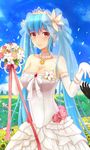  bad_id bad_pixiv_id bare_shoulders blue_hair blush bouquet breasts bridal_veil cleavage cloud dress elbow_gloves flower gloves hair_ornament langod large_breasts long_hair luthica_preventer red_eyes sky smile sword_girls twintails veil wedding_dress 