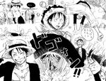  13g4 eating fight fighting hat male male_focus monkey_d_luffy monochrome multiple_boys multiple_persona one_piece rubber sabaody_archipelago sandals sanji scar ship shorts smile straw_hat usopp 