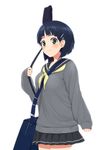  bad_id bad_pixiv_id bag black_hair green_eyes hair_ornament hairclip kirigaya_suguha school_bag school_uniform serafuku skirt solo sweater sword_art_online thomas.yym weapon_bag 