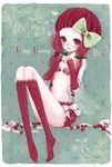  arm_warmers bangs blunt_bangs bow english food fruit full_body hair_bow kneehighs long_legs low_twintails navel no_shoes original polka_dot polka_dot_background polka_dot_legwear purple_legwear raspberry red_hair red_legwear shindog sitting sleeves_past_wrists twintails 